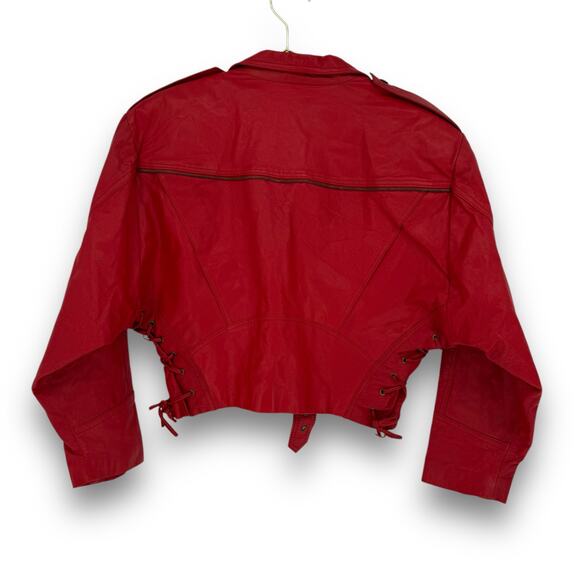 Vintage Cherry Red Leather Cropped Motorcycle Jacket Belt Size 38 - Picture 10 of 11